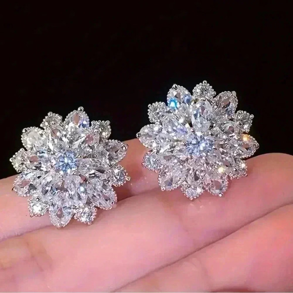 Jewelry - Elegant Silver Floral Crystal Earrings